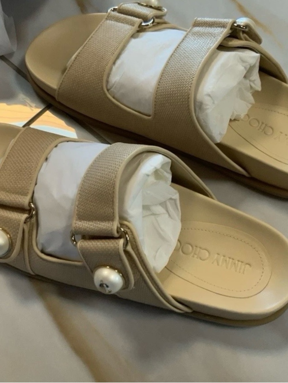 Jimmy Choo Feyencw Pearl-Embellished Slide Sandals size 38.5